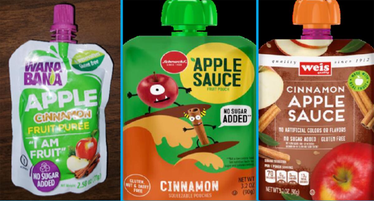 Three different cinnamon-flavored applesauce pouches are shown side by side 