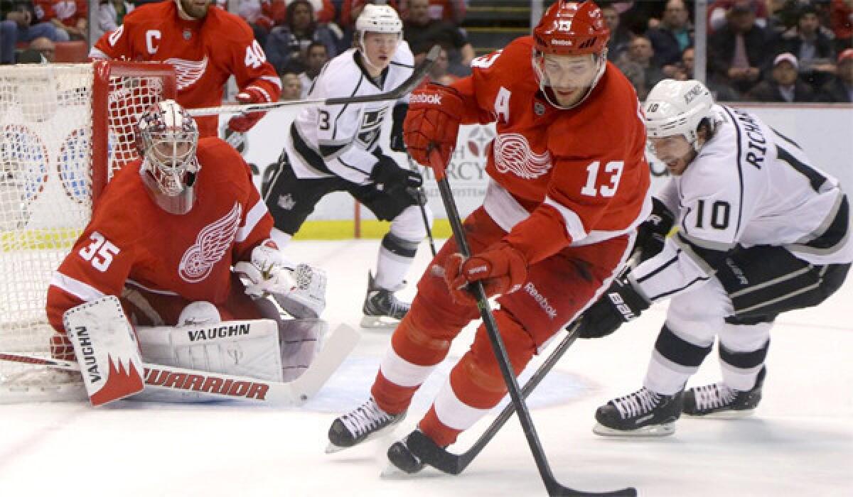Pavel Datsyuk controls the puck in the Red Wings end during the Kings' 3-1 loss to Detroit on Wednesday.