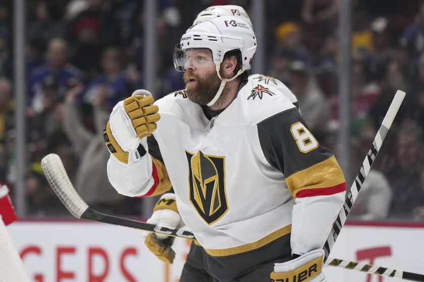 Vegas Golden Knights' Phil Kessel celebrates his goal against the Vancouver Canucks during the first period of an NHL hockey game Tuesday, March 21, 2023, in Vancouver, British Columbia. (Darryl Dyck/The Canadian Press via AP)