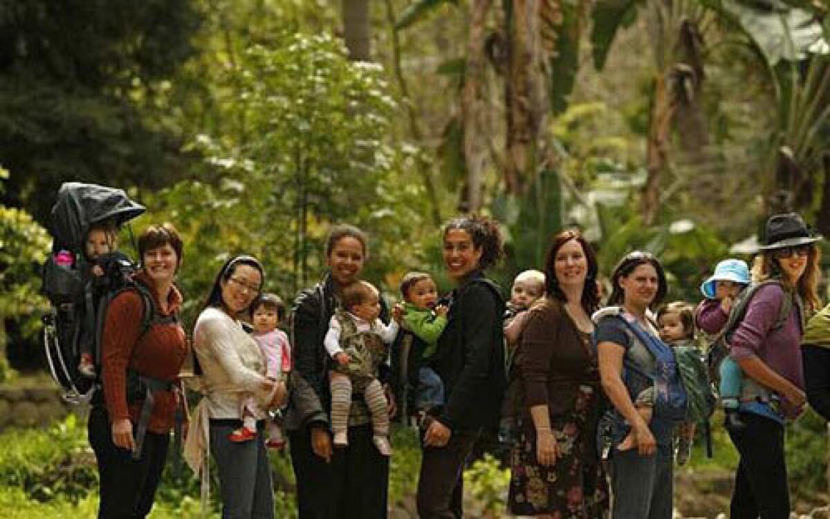 Members of the meet-up group Los Angeles Crunchy Parents wear their babies during a hike in Griffith Park. They are, from left: Amanda Gates with Daphne in a hiking carrier; Jean Lee with Noelle in a Mei Tai carrier; Brettney Perr with Solace in a Metrowrap carrier; Melissa Burch with Marcus in a Beco carrier; Laura Brown with Chandler in a Mei Tai carrier; Erin Demos with Tristan in an Ergo carrier; and Hilary Asher with Pilot in an Ergo carrier.