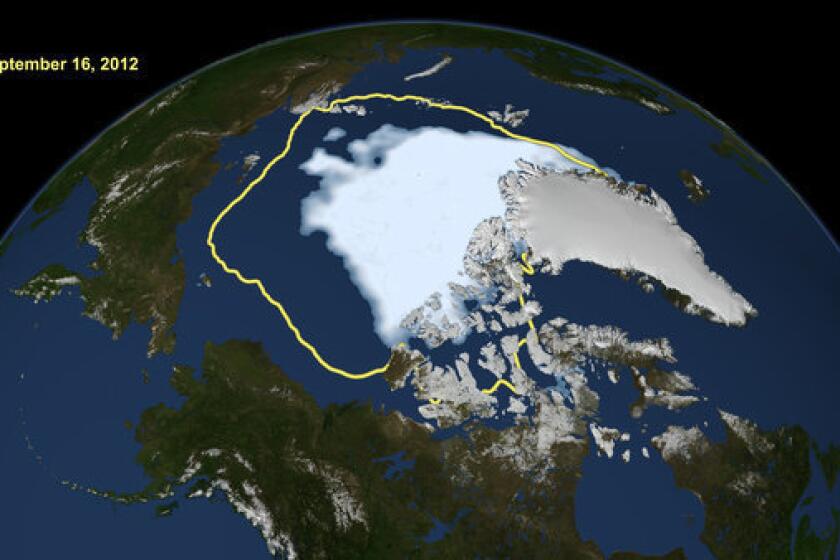 The rapid melting of the Arctic sea ice is opening up previously unnavigable areas to shipping and drilling. Above: This image made available by NASA shows the amount of summer sea ice in the Arctic on Sept. 16, at center in white, and the 1979 to 2000 average illustrated by the yellow line.