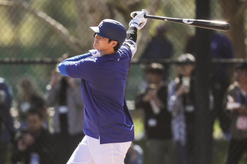 Los Angeles Dodgers designated hitter Shohei Ohtani participates in spring training baseball workouts.