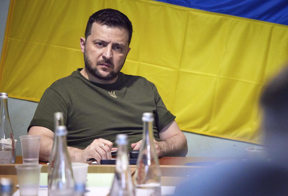 Ukrainian President Volodymyr Zelensky at a military meeting on Saturday.