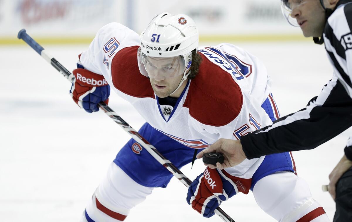 Montreal center David Desharnais collected an assist in the Canadiens' 5-4 overtime victory in Game 1 of the first-round of the NHL playoffs against the Tampa Bay Lightning.