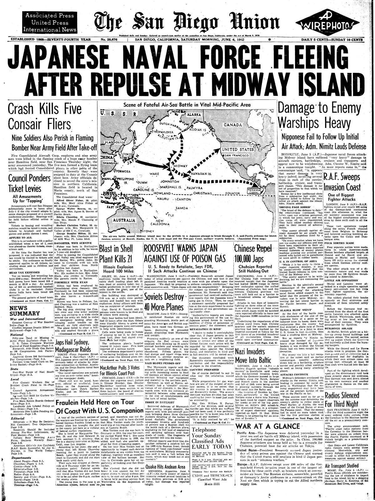 The front page of The San Diego Union, Saturday, June 6, 1952.