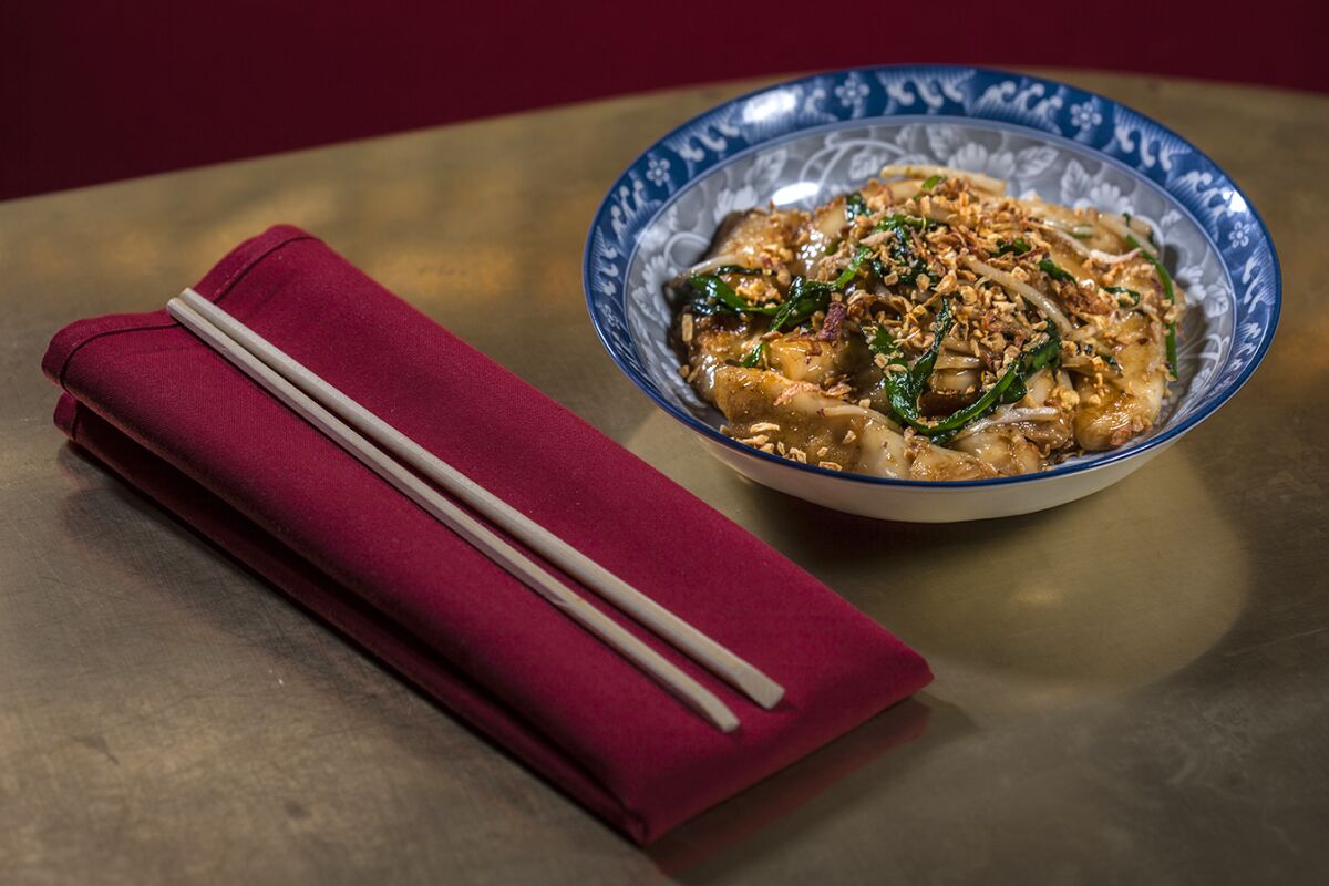 XO Fatty noodles with bean sprouts, garlic chives, XO sauce, crispy garlic and shallots at the Formosa Café