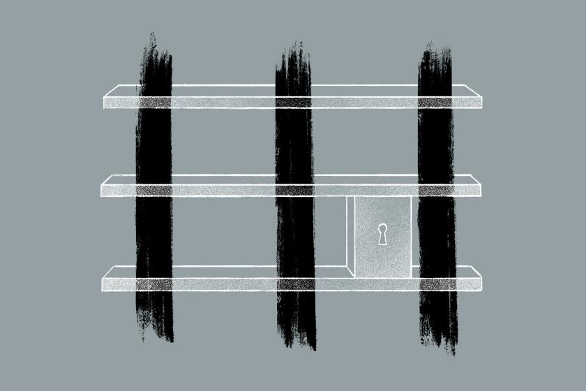 Illustration of three strike marks as a prison cell.