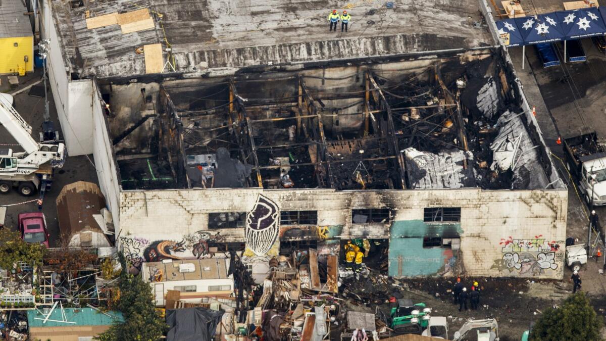 An aerial view of the Ghost Ship warehouse that burned and killed 36 people in the Oakland in December 2016.