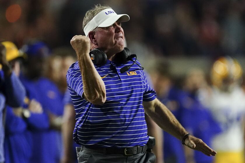 LSU head coach Brian Kelly reacts on the sideline in the second half of an NCAA college football game against Auburn, Saturday, Oct. 1, 2022, in Auburn, Ala. (AP Photo/John Bazemore)