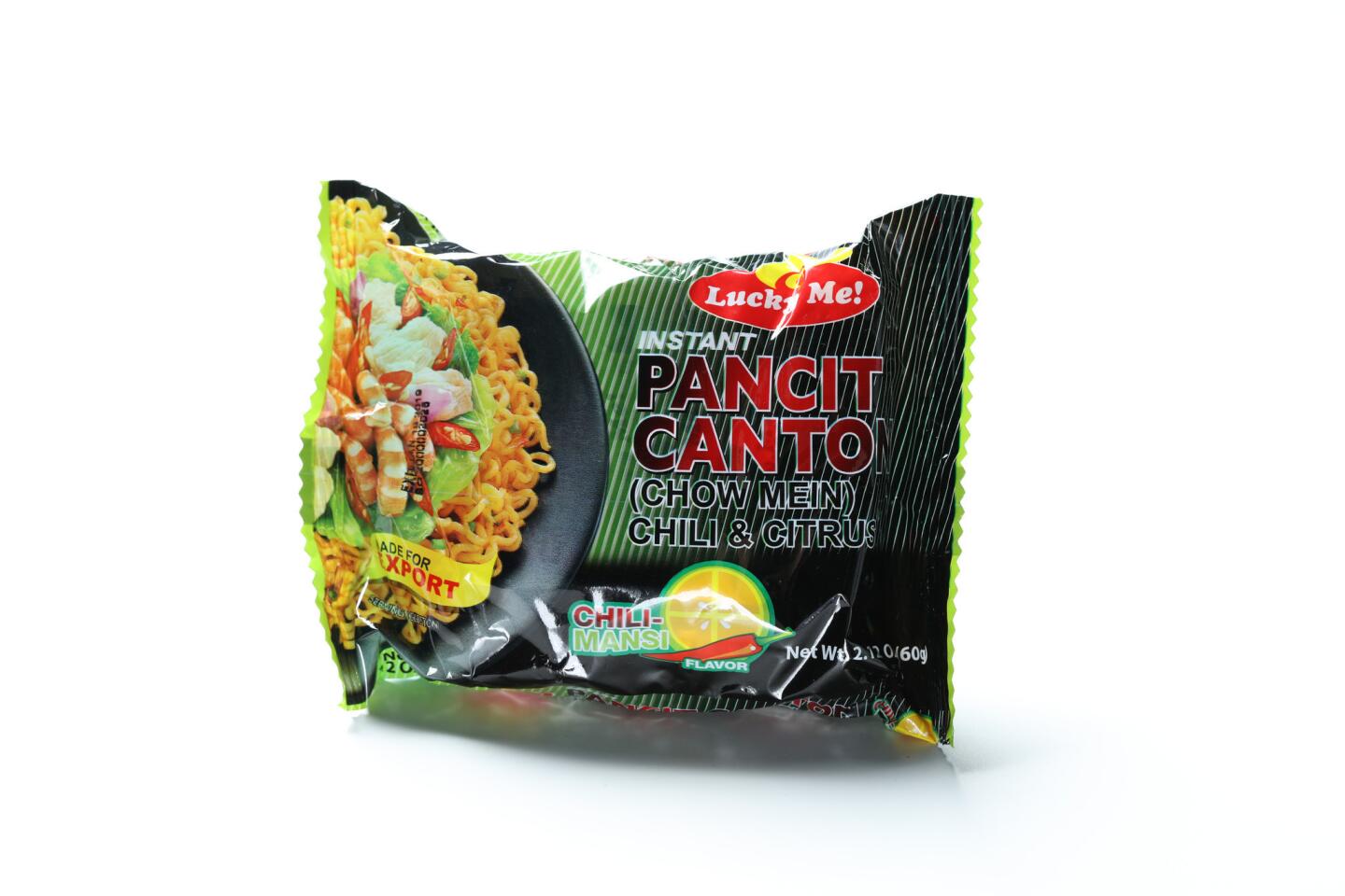 Lucky Me Pancit Canton with chile-mansi flavor.