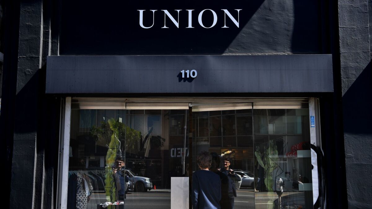An outside look at the menswear shop Union on La Brea Avenue in Los Angeles that has become a menswear destination for shoppers.