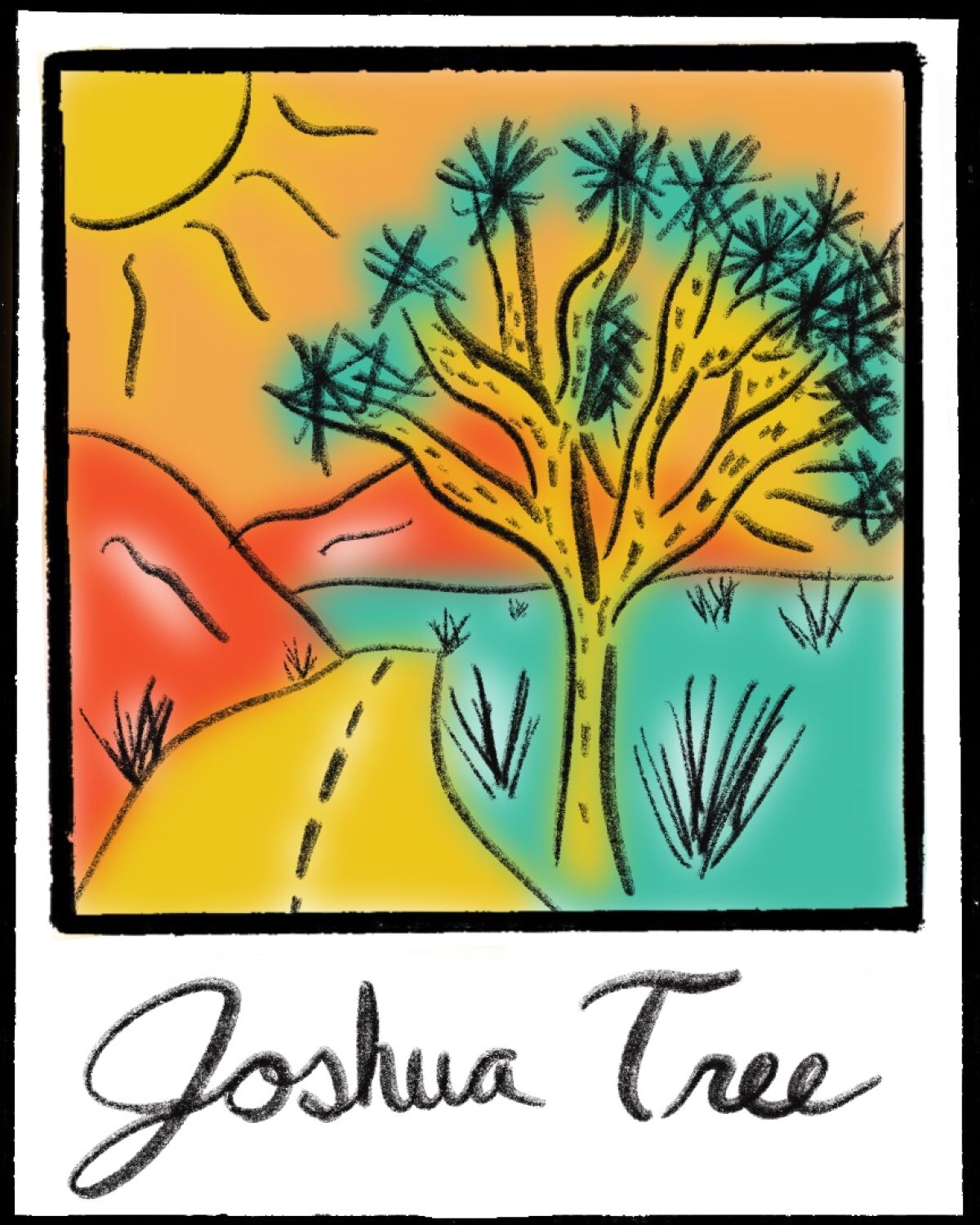 Illustration of polaroid of a highway in Joshua Tree