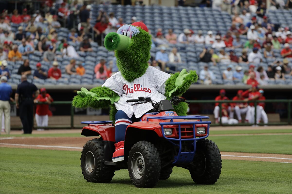 The Phillie Phanatic mascot performs before a spring training game Feb. 25. 