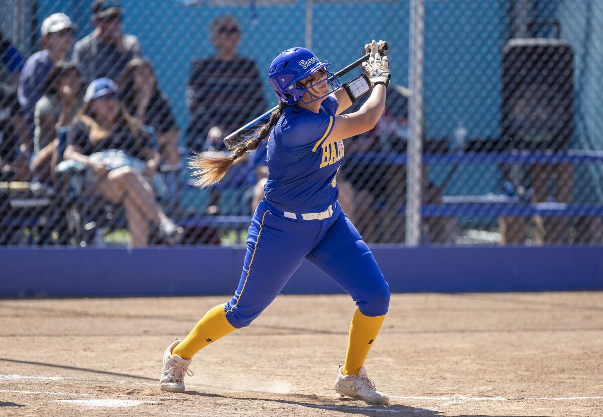 Fountain Valley's Makenzie Butt hits a solo home run in the second inning against San Marino on Thursday.