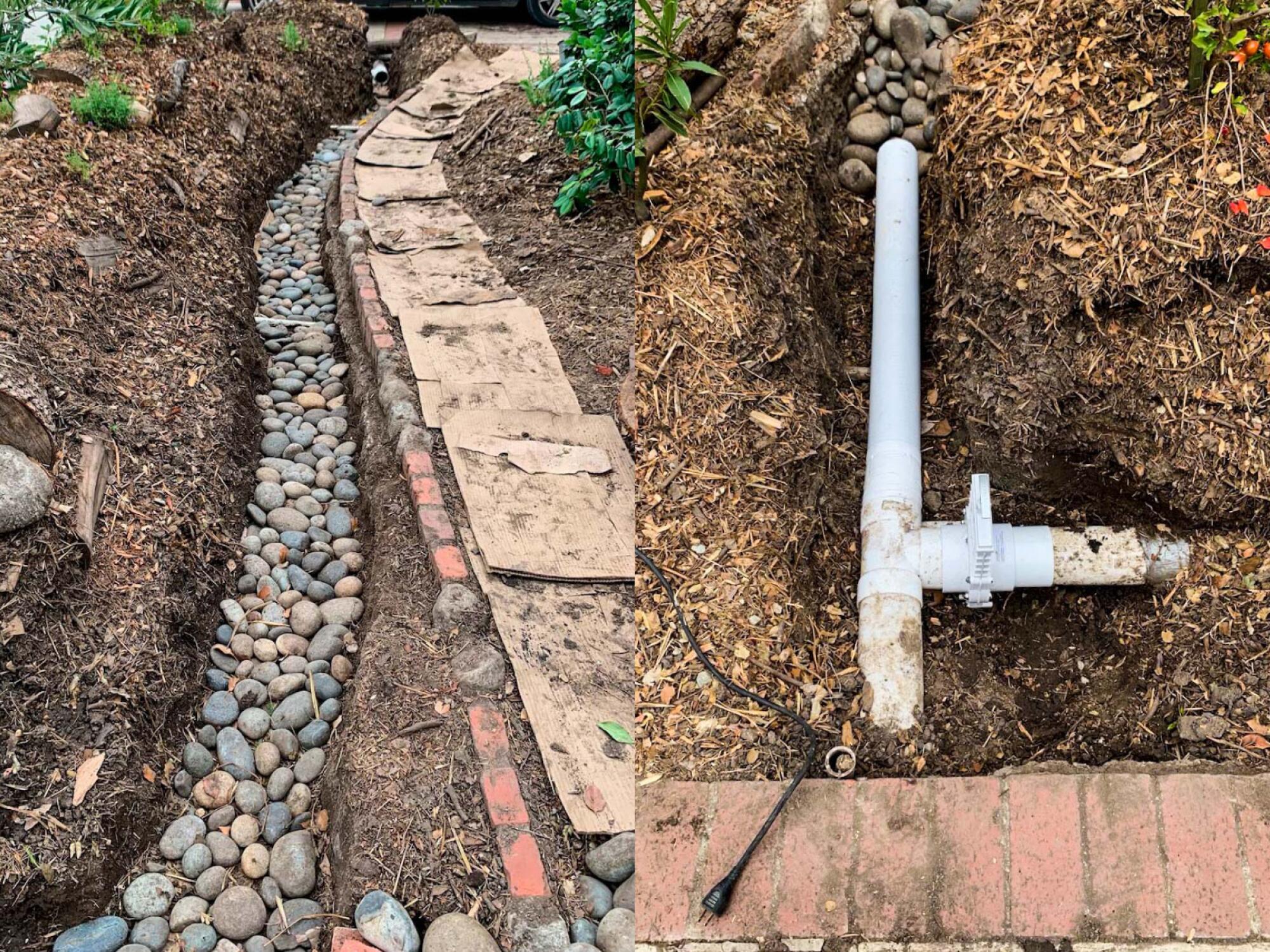 Rocks fill a dug-out path, left; a pipe in the soil