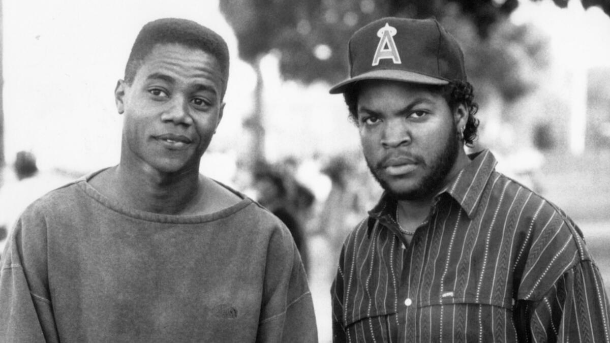 Cuba Gooding Jr., left, and Ice Cube in the movie "Boyz N the Hood." (Columbia Pictures)