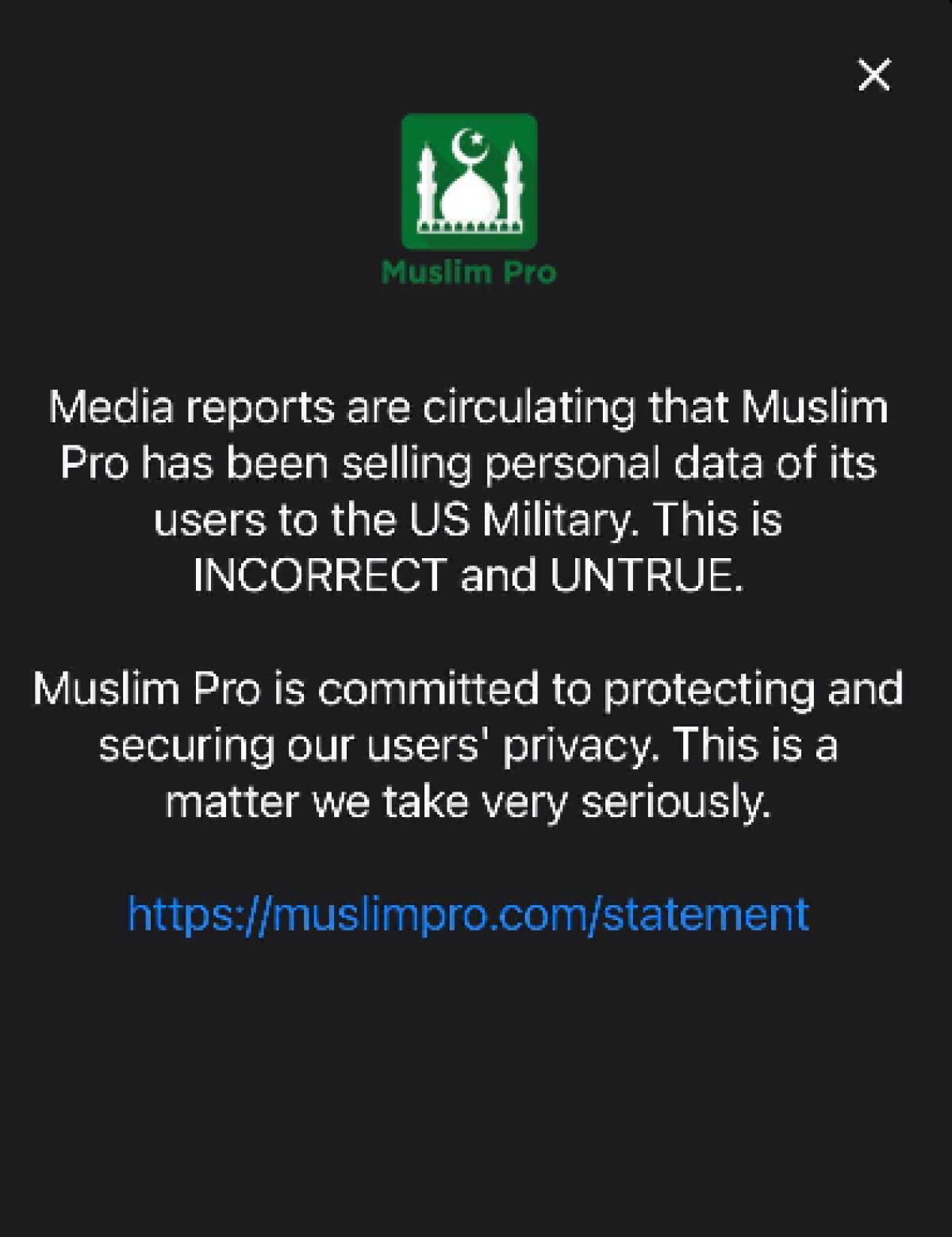 Screenshot of company statement in Muslim Pro app.