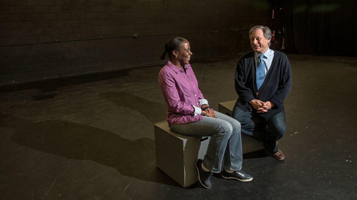 Shakespeare Center founder and executive artistic director Ben Donenberg, right, and Ariel Bell, a U.S. Army veteran who served in Bosnia and now works at the Valley Performing Arts Center. (Robert Gauthier / Los Angeles Times)