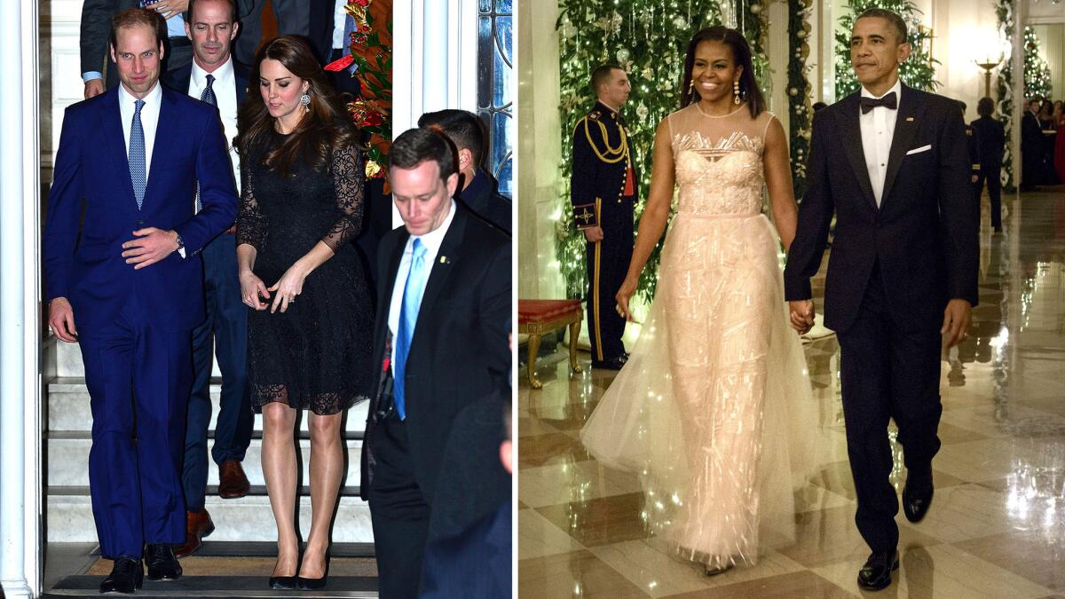 Kate Middleton and Michelle Obama, both pictured Sunday night. Who looked better, one newspaper asks.