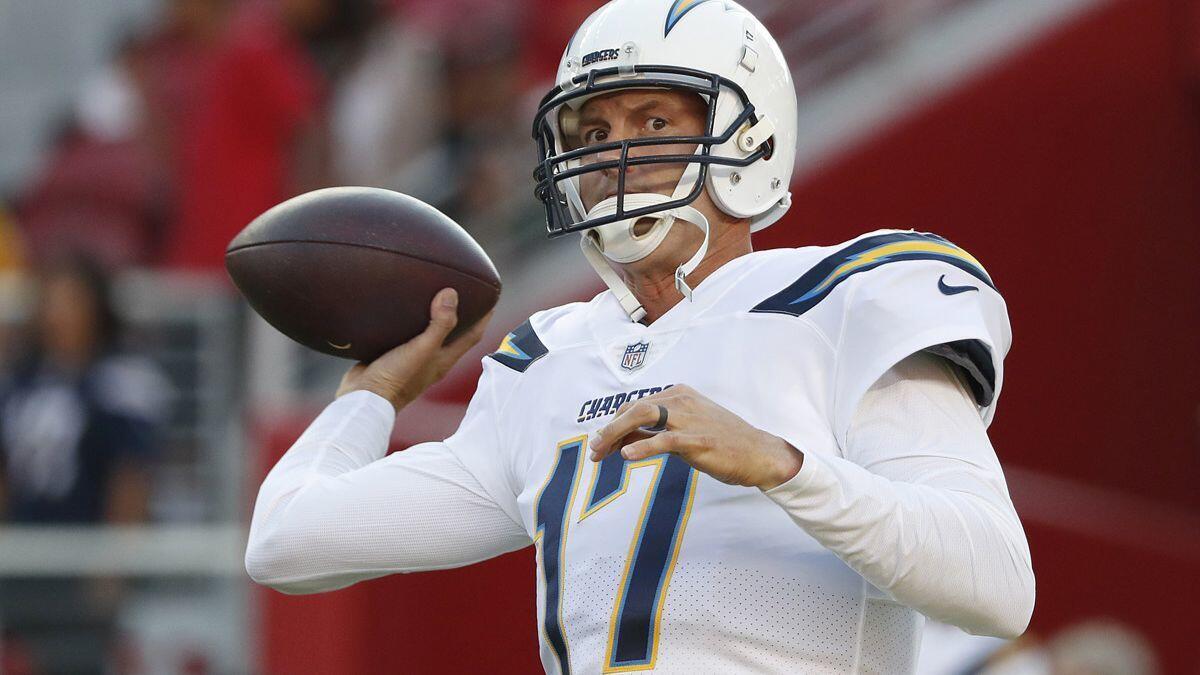 Chargers quarterback Philip Rivers warms up before a preseason game against the San Francisco 49ers in Santa Clara on Aug. 30.