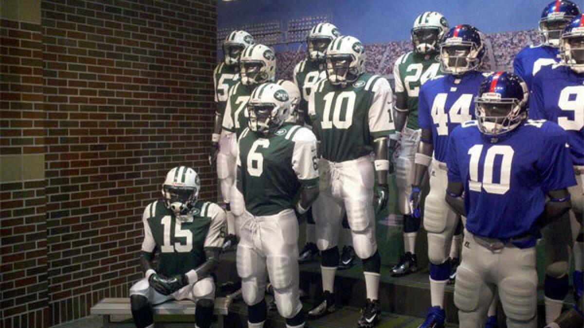 The new New York Giants uniform is displayed on a mannequin in New