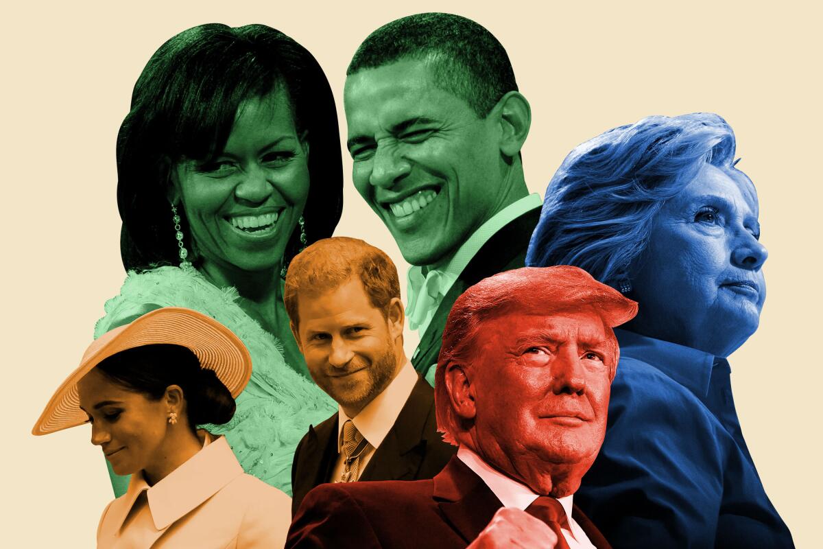 Photo collage with Michele and Barack Obama, Hillary Clinton, Donald Trump and Meghan Markle and Prince Harry