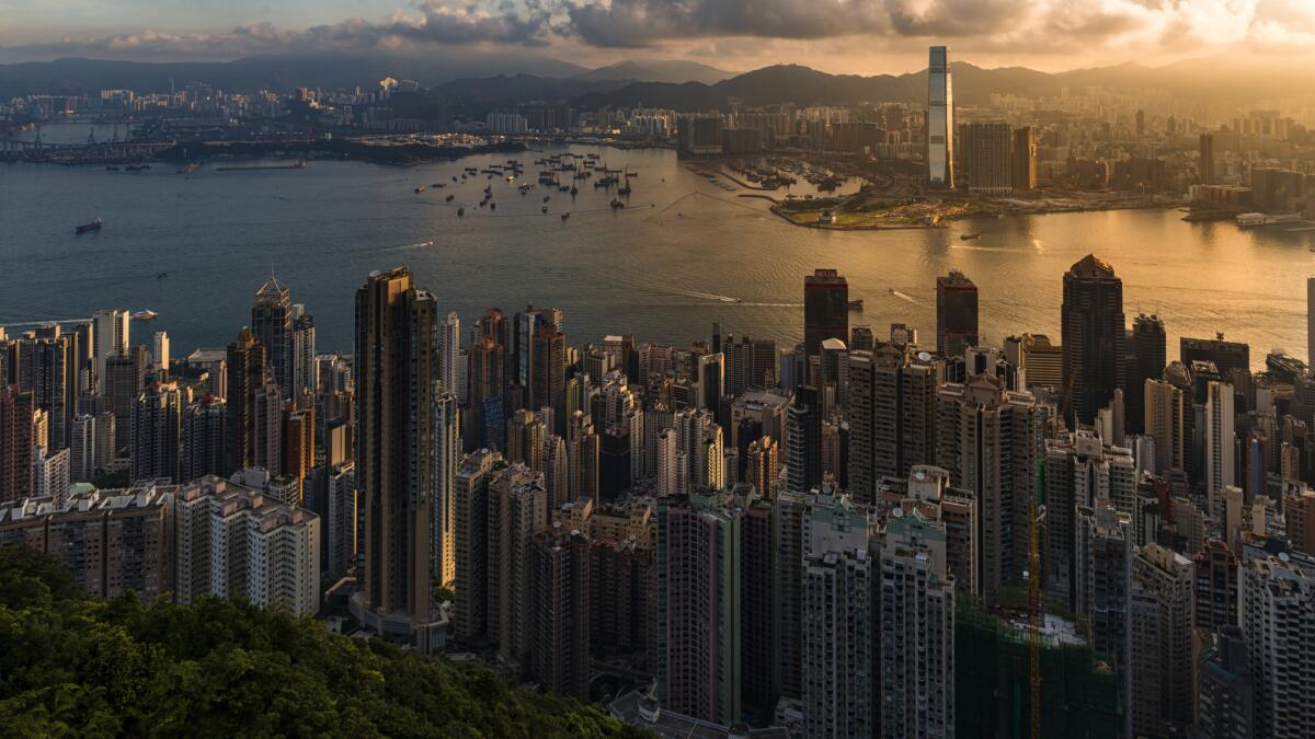 View of Victoria Harbour and Hong Kong Central beside Victoria Peak. Taken from Victoria Peak (Taiping Mountain).