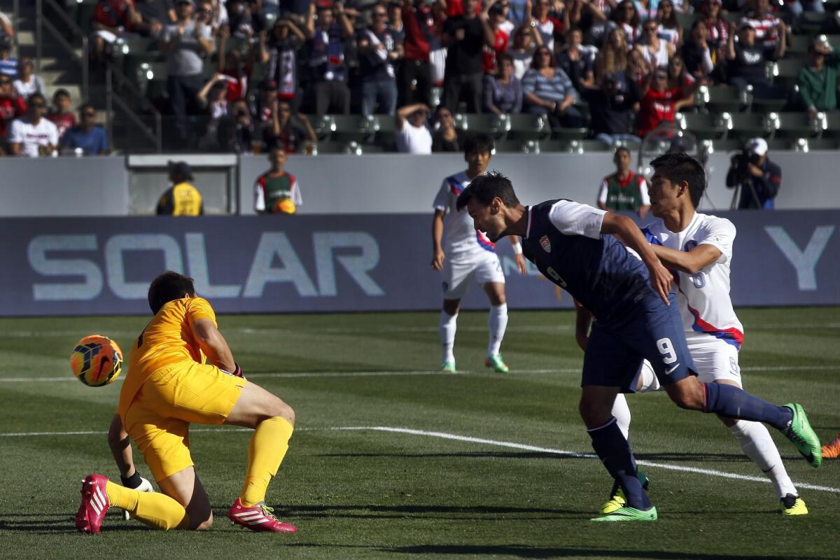 Chris Wondolowski heads the ball for the first goal of a 2-0 U.S. victory over South Korea on Saturday.