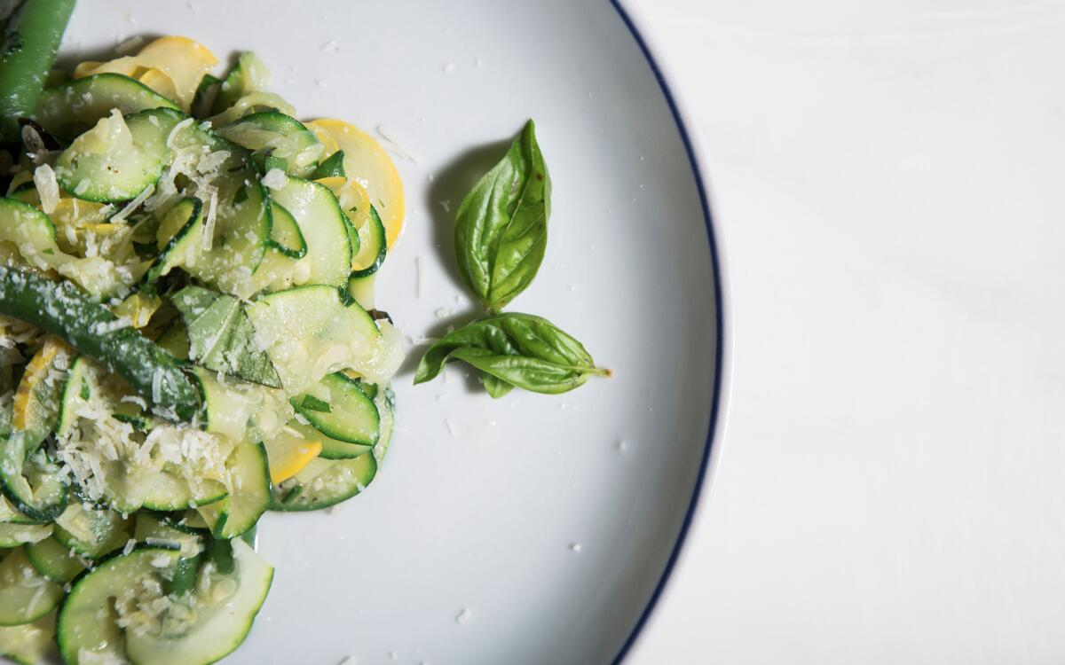 Summer squash ribbons with green beans and herbs