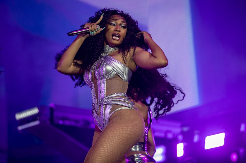 Megan Thee Stallion performing on the main stage on Night 2 of the Coachella music festival.