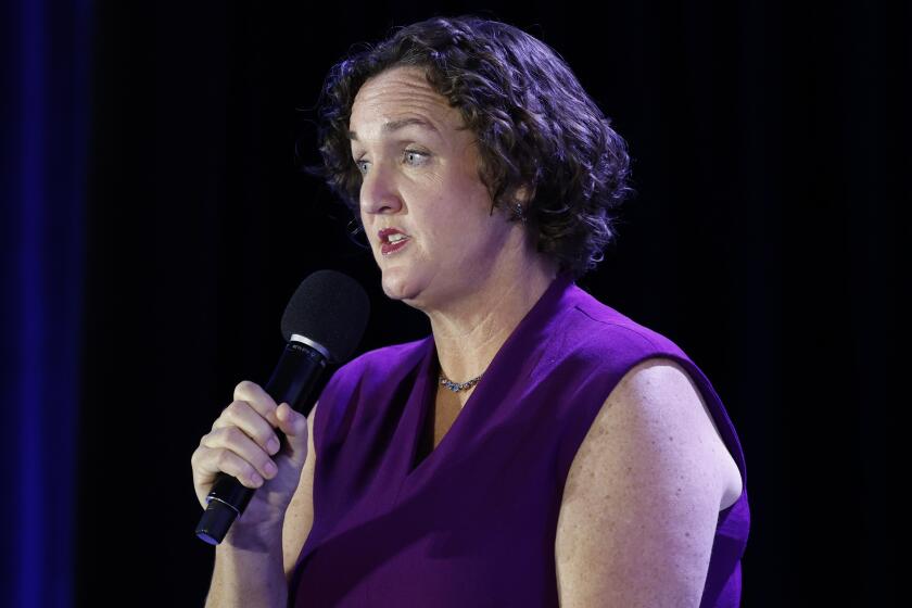 Los Angeles, CA - September 28: Former Congressmember Katie Porter speaks at the NUHW Governor Candidate Forum at the Hyatt Regency Los Angeles International Airport on Sunday, Sept. 28, 2025 in Los Angeles, CA. (Carlin Stiehl / Los Angeles Times)