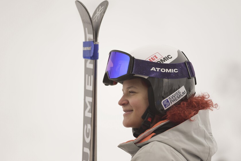 Kiana Kryeziu trains at the Arxhena Ski center in Dragas, Kosovo on Saturday, Jan. 22, 2022. The 17-year-old Kryeziu is the first female athlete from Kosovo at the Olympic Winter Games after she met the required standards, with the last races held in Italy. (AP Photo/Visar Kryeziu)