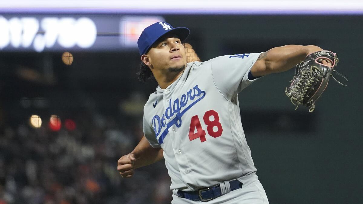 The Dodgers' Brusdar Graterol celebrates after throwing a pitch against the San Francisco Giants 