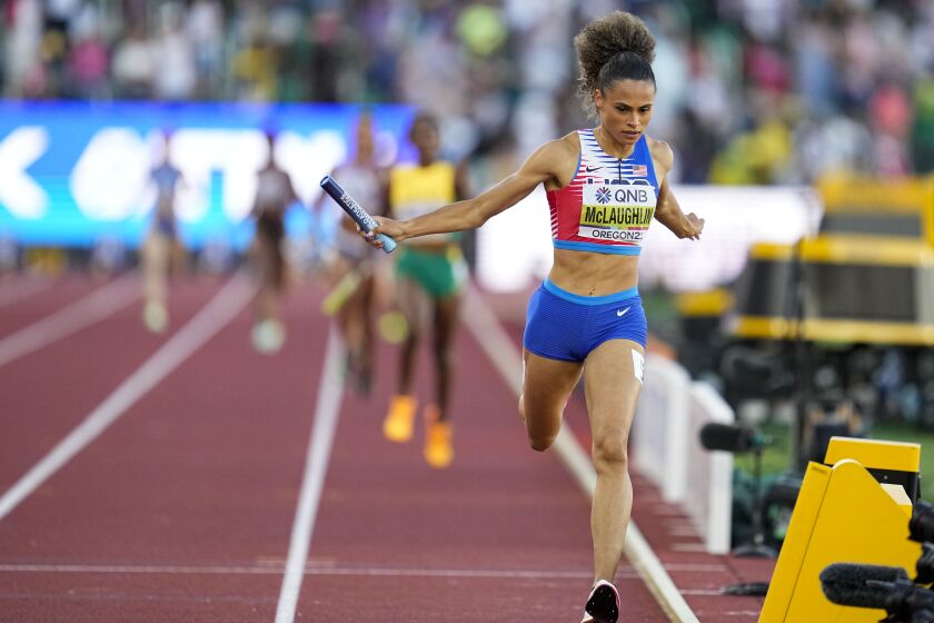 Sydney Mclaughlin, of the United States, wins the women's 4x400-meter relay final at the World Athletics Championships