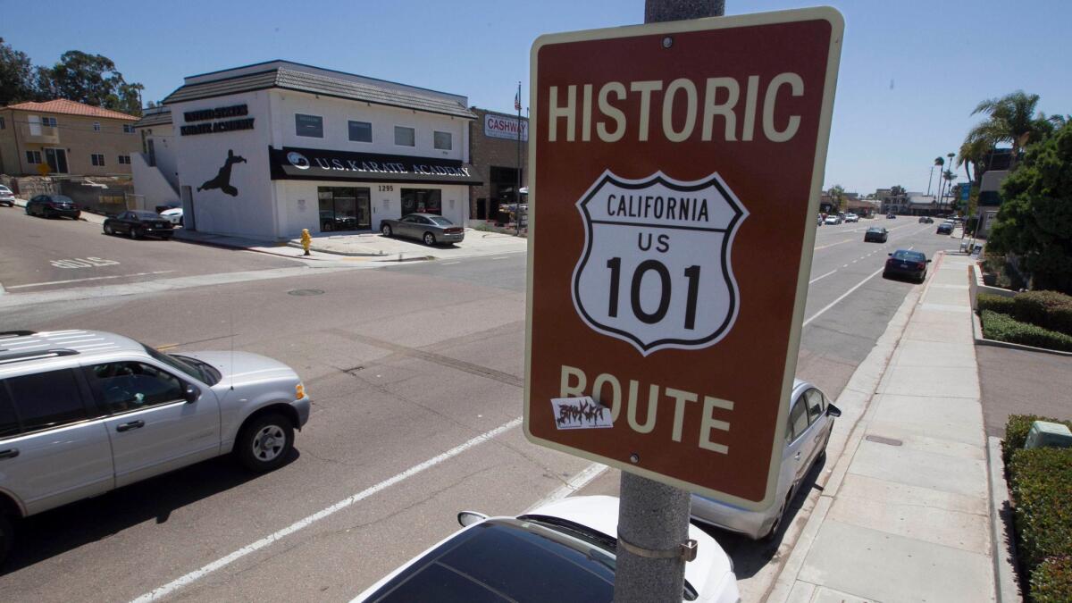 The city of San Diego has put up signs commemorating original U.S. Highway 101 along Morena Boulevard. The road was the main north-south route through San Diego from 1926 to 1933.