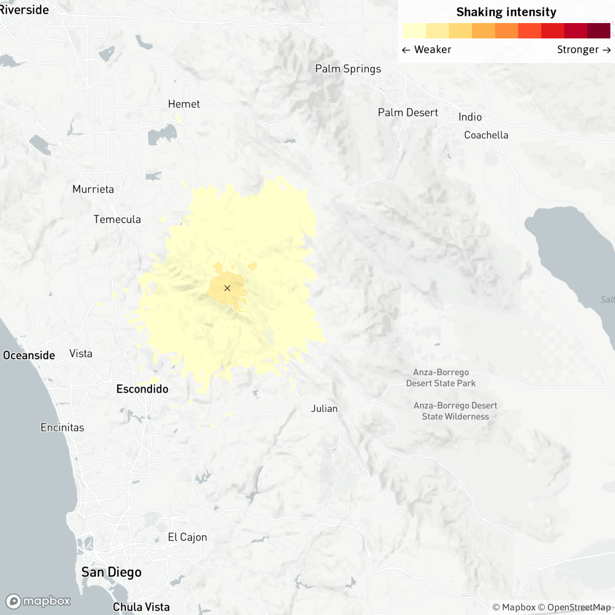 A map showing the epicenter of the earthquake in Southern California.
