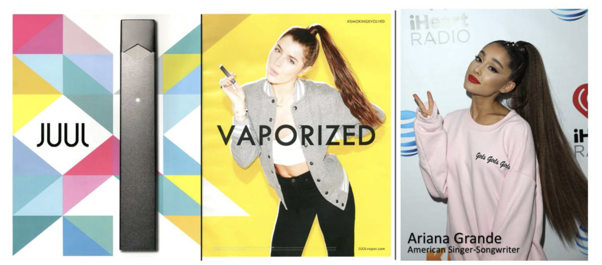 Juul's first ad campaign (two left-hand panels) used a look-alike for pop star Ariana Grande to sell its products--to the middle-aged market?