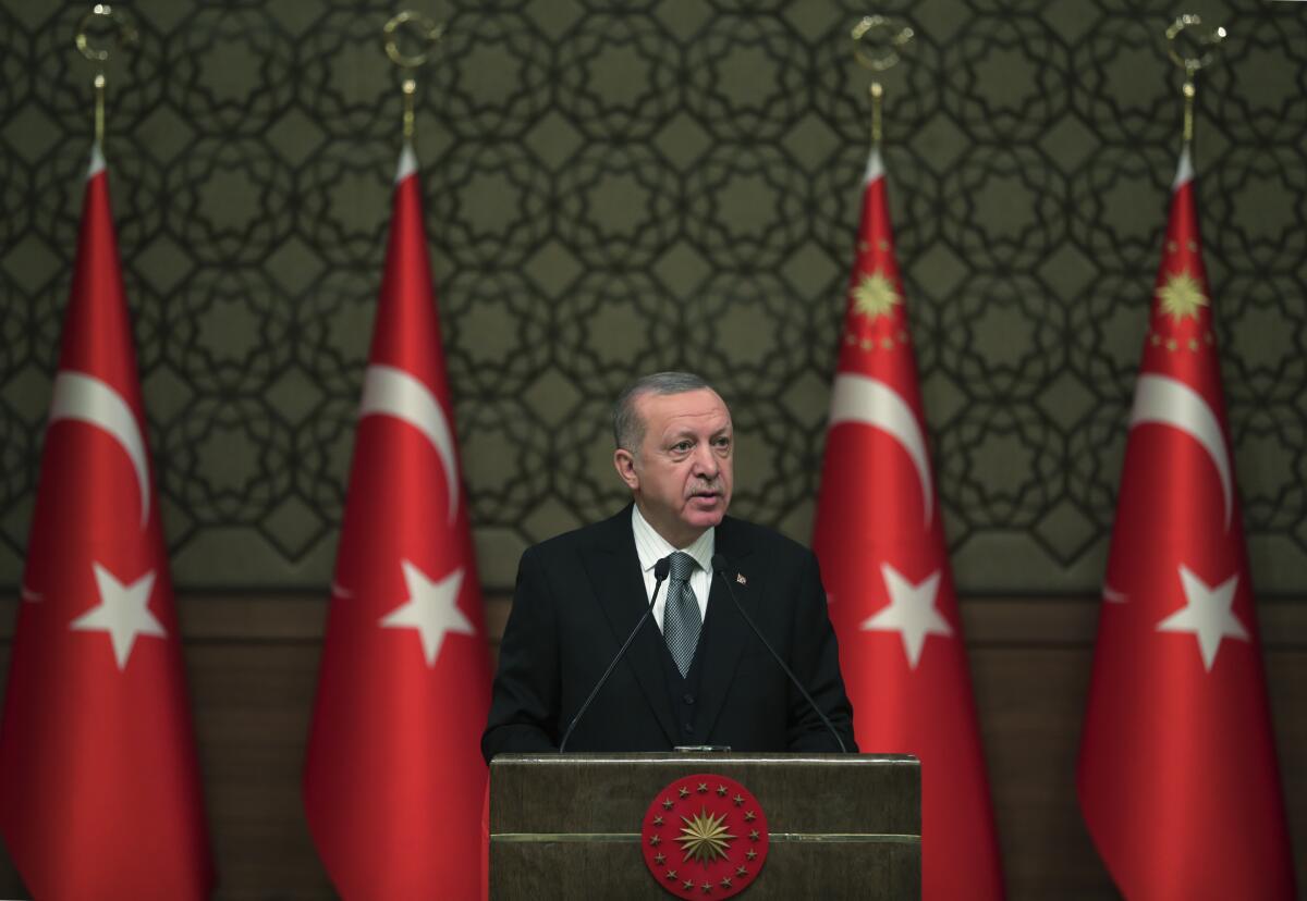 Turkish President Recep Tayyip Erdogan delivers a speech at an event in Ankara on Jan. 2, 2020, the day Turkey's parliament authorized the deployment of troops to Libya.
