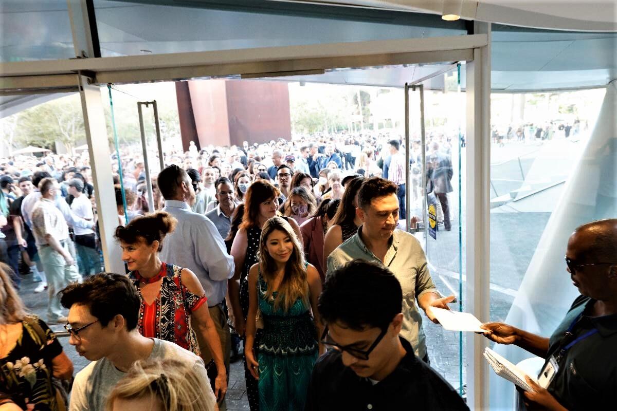Guests crowd the entrance of the Orange County Museum of Art on opening day, October 8, 2022. 