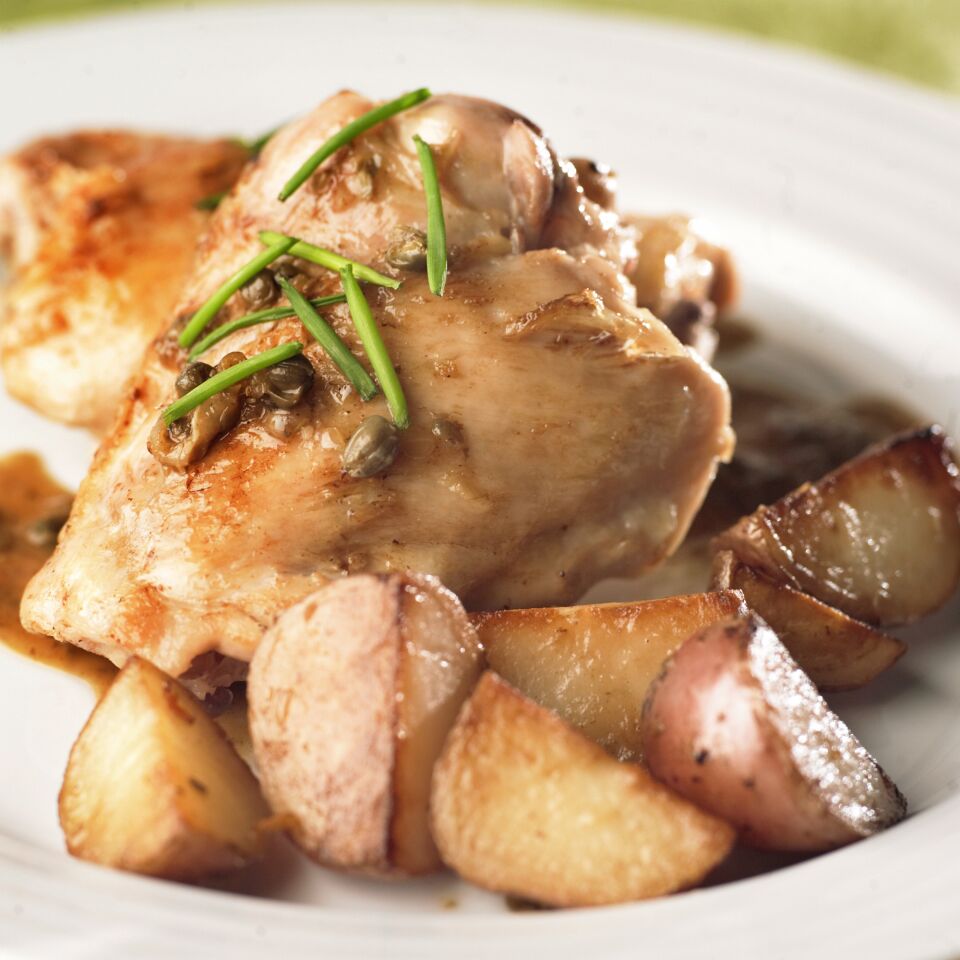 Braised chicken with capers and new potatoes.