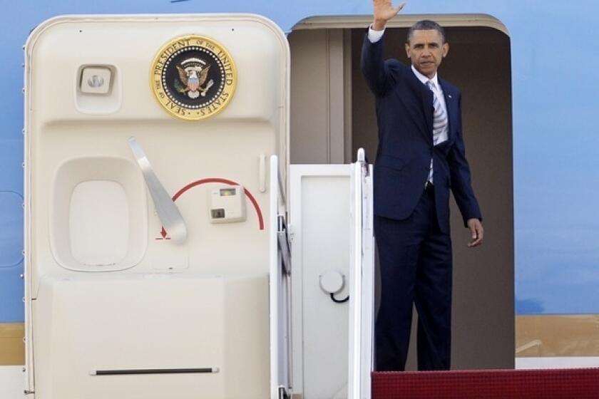 President Obama is expected to arrive Monday afternoon in Los Angeles. On his itinerary are three fundraisers and an appearance at DreamWorks Animation. Above, a file photo shows Obama boarding Air Force One at Andrews Air Force Base.