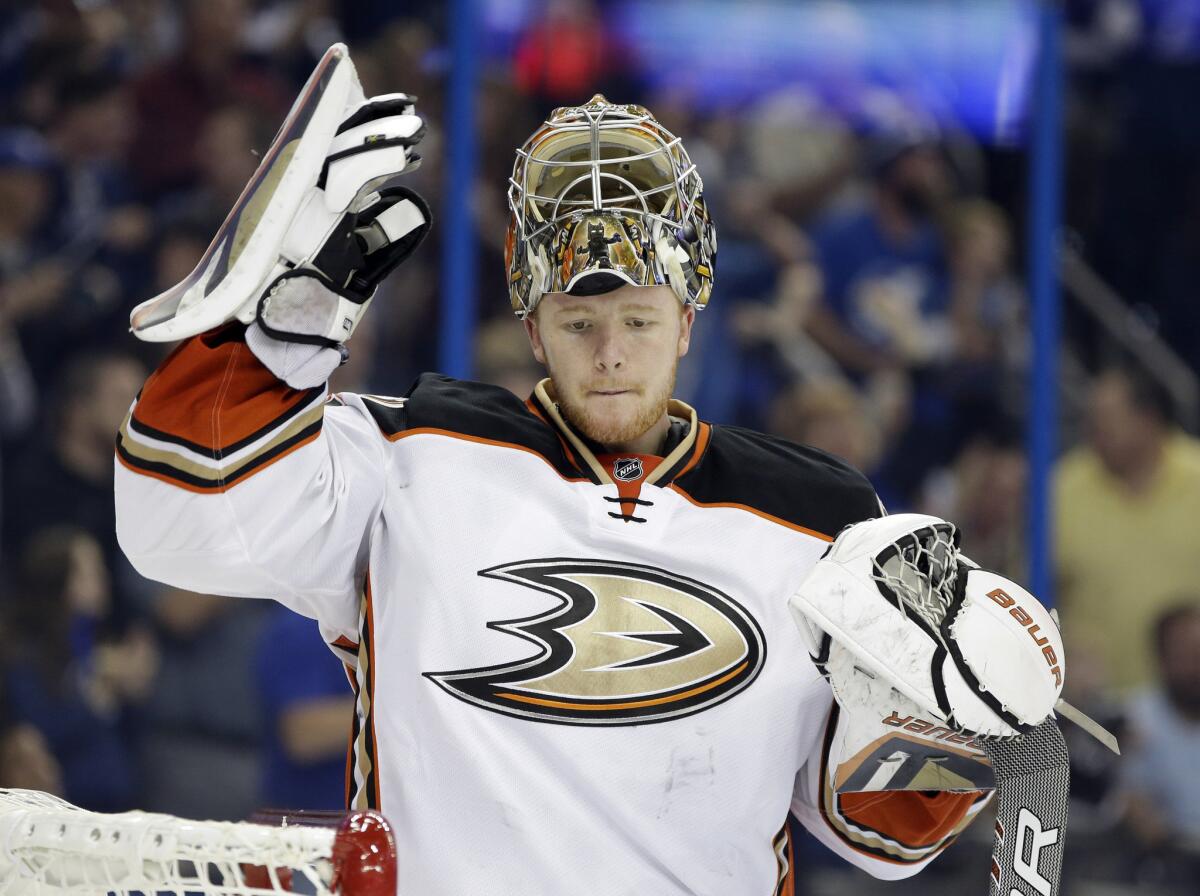 Ducks goalie Frederik Andersen during the second period of a game against the Lightning on Nov. 21.