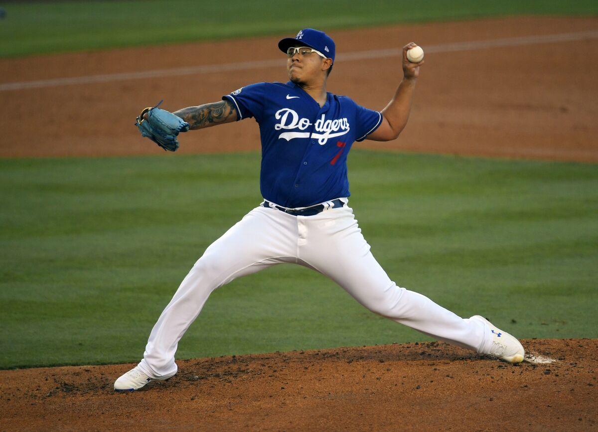 Dodgers pitcher Julio Urias throws during an intrasquad baseball game Wednesday, July 15, 2020, in Los Angeles.