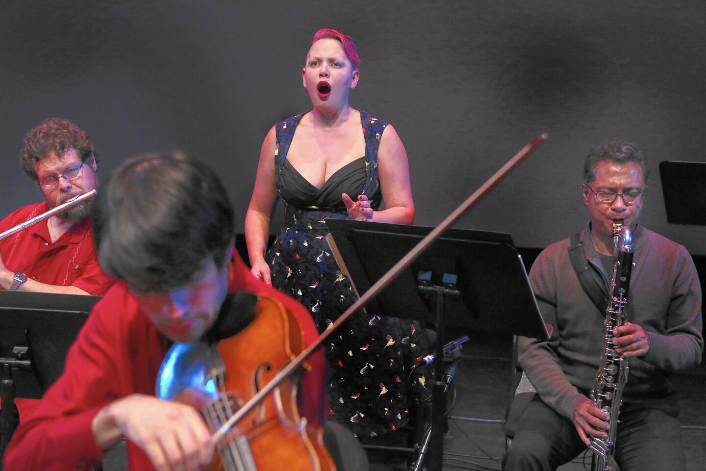 Wilfrido Terrazas, left, Alexander Bruck, Carmina Escobar and Antonio Rosales of the Mexican music group Liminar at the REDCAT in the Walt Disney Concert Hall complex on Dec. 11, 2015.