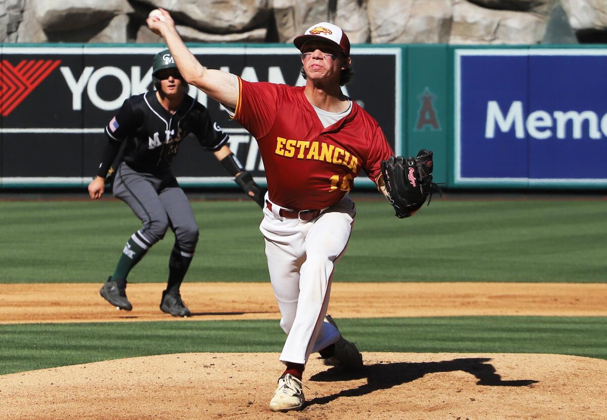 Estancia's Andrew Mits (16) pitches against Costa Mesa during Wednesday's game.