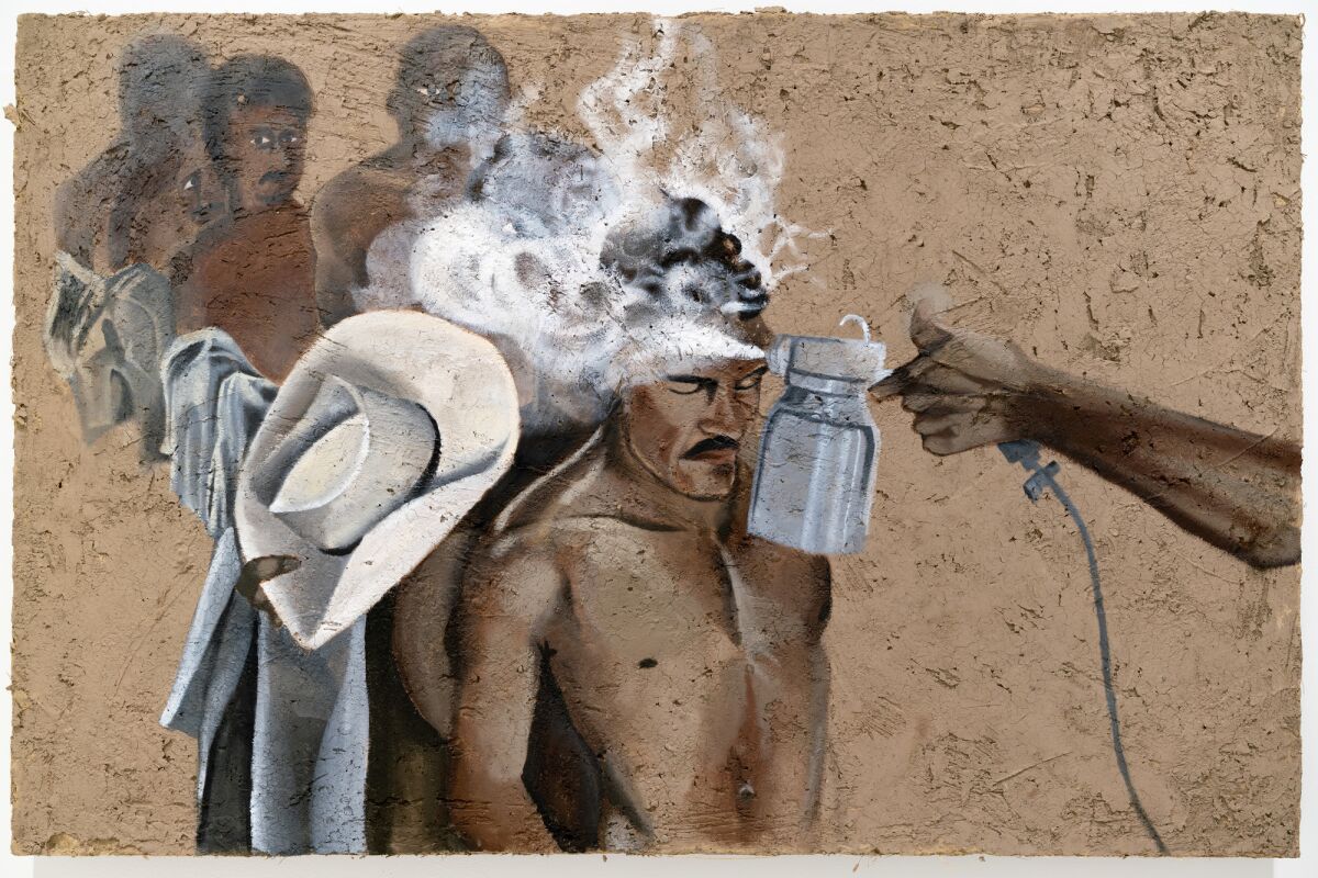 A 2019 painting by Rafa Esparza shows Mexican immigrant laborers being sprayed with insecticide at a border processing center.