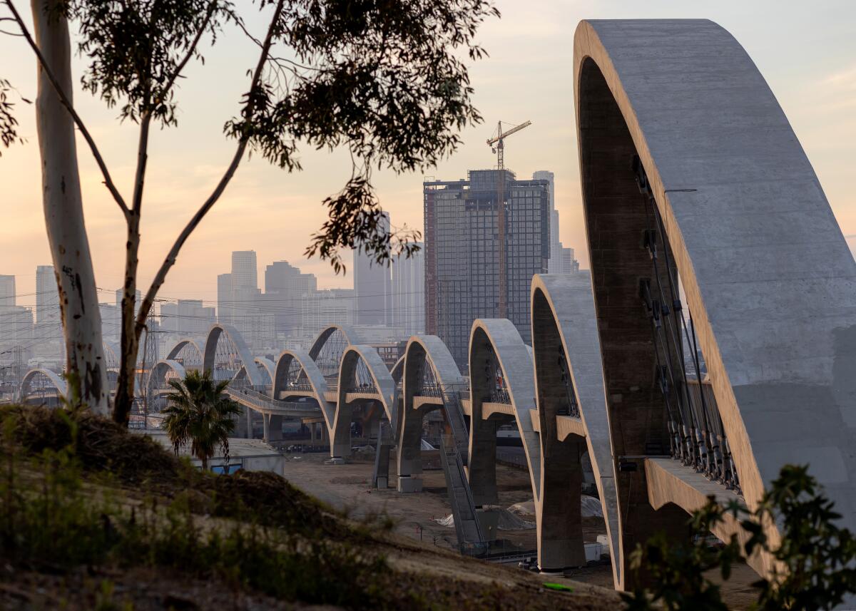 A view of downtown Los Angeles and the Sixth Street Viaduct, aka the Sixth Street Bridge