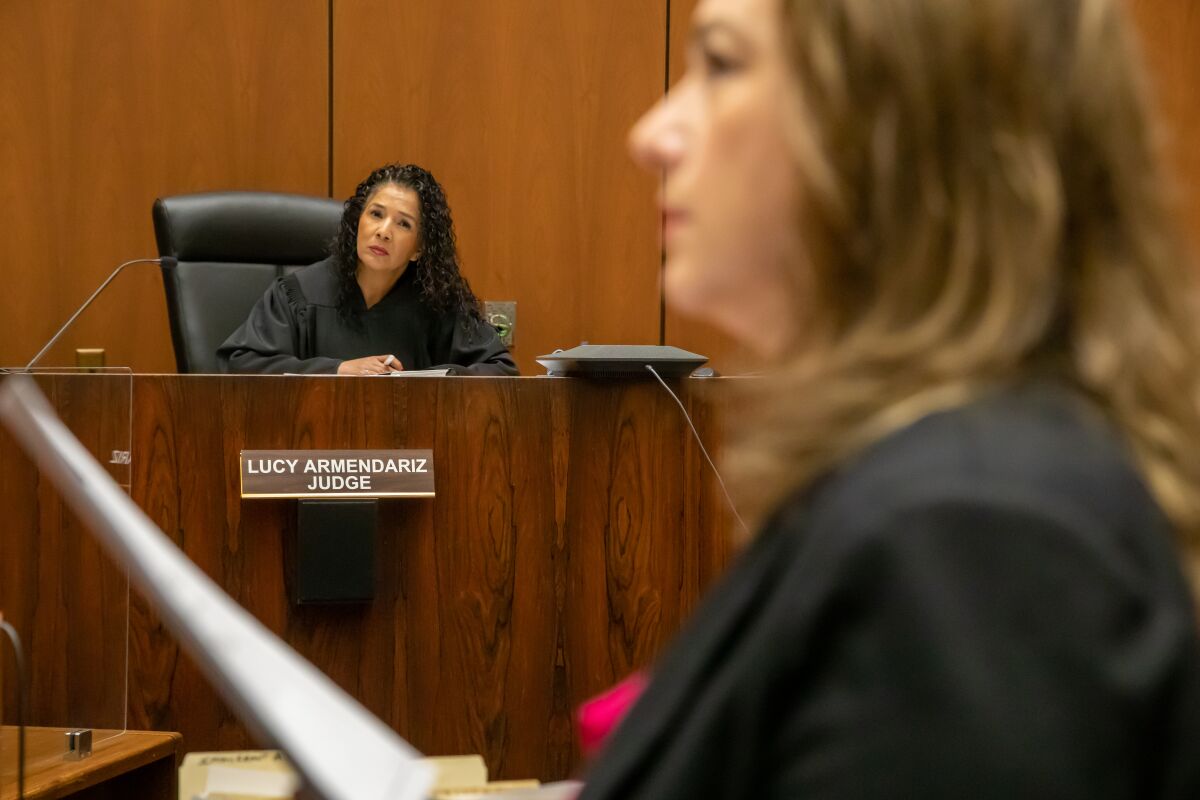 The defendant appears before Judge Maria Lucy Armendariz with his public defender, Caroline Goodson 