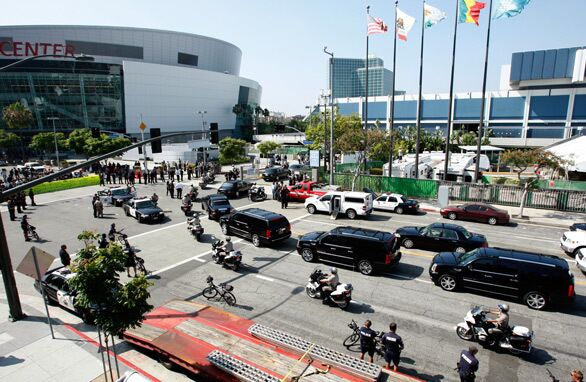 The funeral procession for Michael Jackson arrives at Staples Center in Los Angeles.