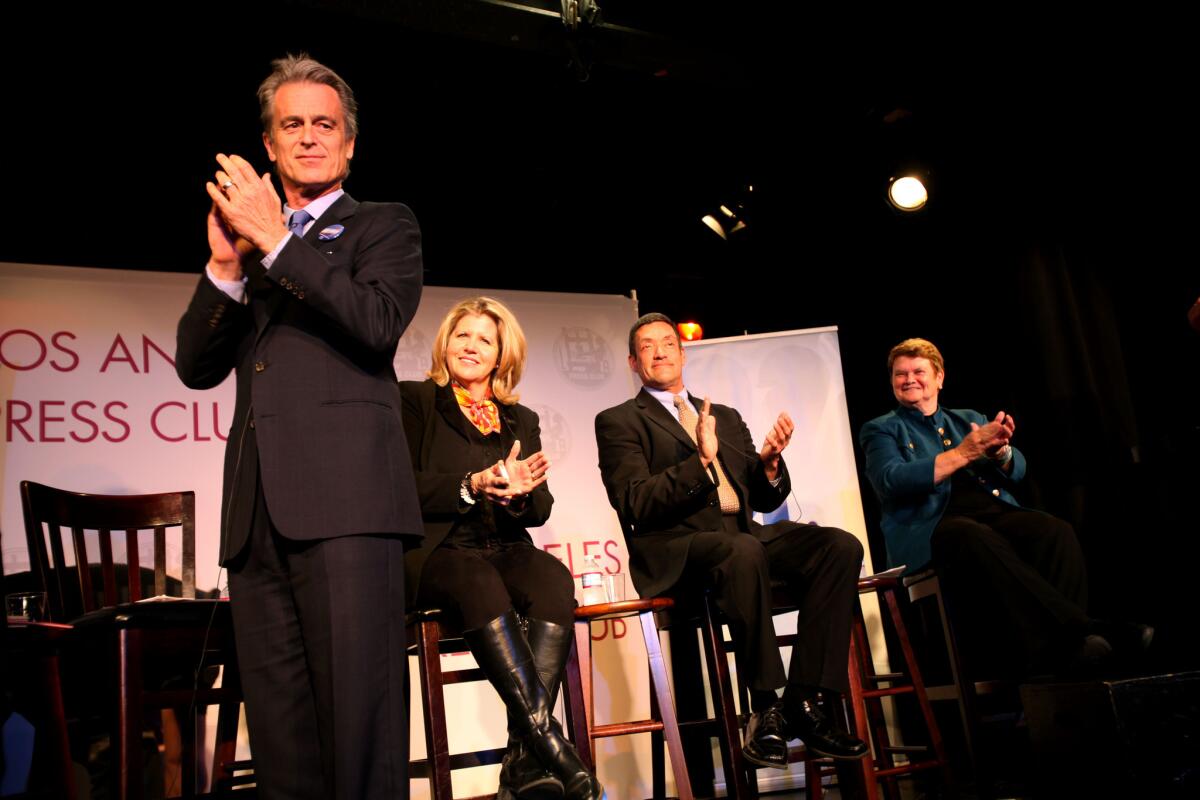 Candidates for the Los Angeles County Board of Supervisors 3rd District met in a debate at the Los Angeles Press Club. The candidates are (from left to right) Bobby Shriver, Pamela Conley Ulich, John Duran and Sheila Kuehl.